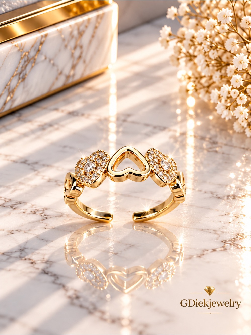 Gold Filled Adjustable Heart Ring with Pave Accents